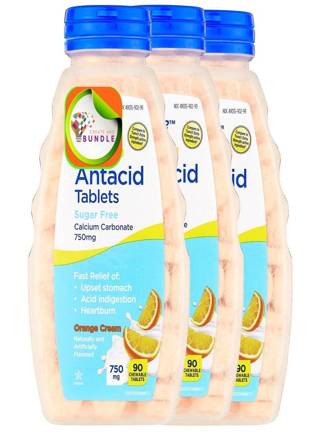 Create and Bundle Extra Strength Sugar-Free Antacid Chewable Tablets, Orange Cream, 750 mg, 90 Count (Pack of 3) Total 270 Count - Image 1